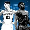 Zach Collins of the San Antonio Spurs, and Lu Dort of the Oklahoma City Thunder