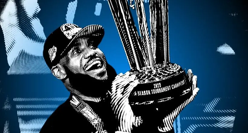 Lebron James of the Los Angeles Lakers Holding the 2023 NBA Cup from the NBA In-Season Tournament