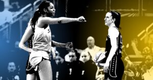 Angel Reese of the Chicago Sky & Catilin Clark of the Indiana Fever
