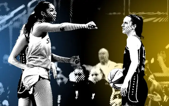 Angel Reese of the Chicago Sky & Catilin Clark of the Indiana Fever