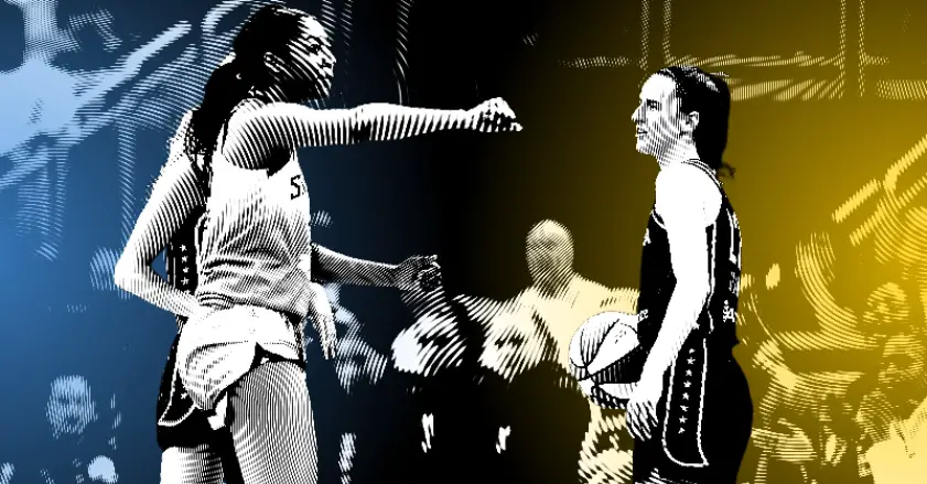 Angel Reese of the Chicago Sky & Catilin Clark of the Indiana Fever